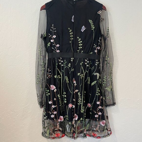 ~ Lg Floral Boho Sheer Dress Botanical Black Flowers Long Sleeve Bohemian Knee - Picture 3 of 14